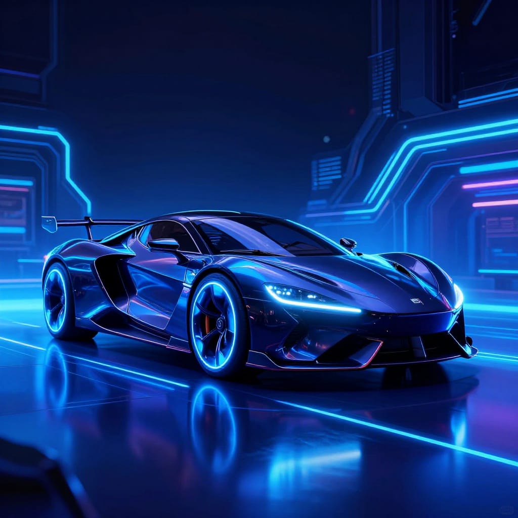 A sleek dark sports car with glowing blue wheel accents stands in a neon-lit cyberpunk environment. Its aerodynamic design reflects intense blue light, creating sharp highlights on the surface. The reflective floor mirrors the car and surrounding signs, adding depth. Radiating neon lines from the sides draw attention to its central form. High detail gradients from deep indigo to electric blue enhance contrast, while metallic accents pop against the dark background. The atmosphere is cutting-edge, energetic, and immersive.