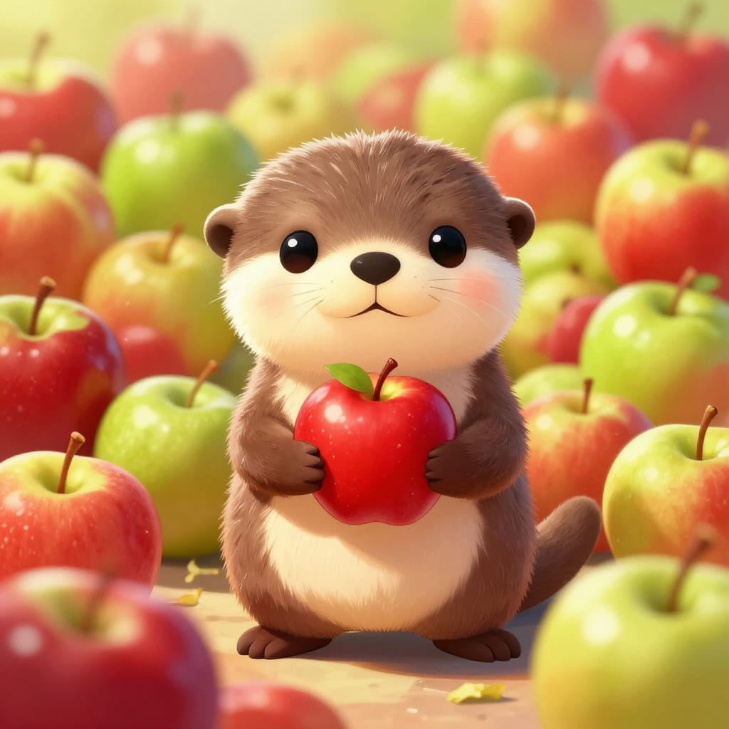 Otter holds two red apples, surrounded by colorful fruits in a playful grocery scene. Cartoon style with bright lighting and detailed textures. Whimsical, warm palette adds charm.