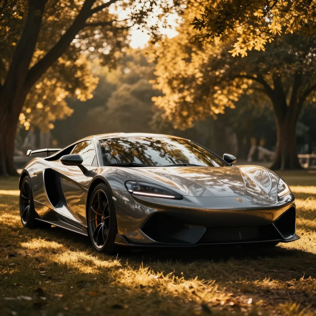 A sleek sports car sits under golden hour light, its curves glowing with warm highlights. Tree shadows dance on the ground, adding depth. The car’s glossy finish stands out, framed by soft blurred foliage. The shot feels calm, luxurious, and focused on speed and design.