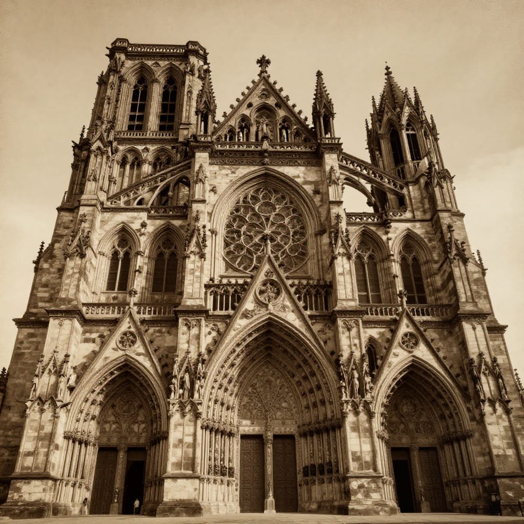 A Gothic cathedral in a sepia-toned photo, aged and detailed. Low-angle shot highlights its towering spires and intricate stonework. Soft lighting and grainy texture give it a vintage, nostalgic feel. The structure exudes timeless grandeur and quiet reverence.