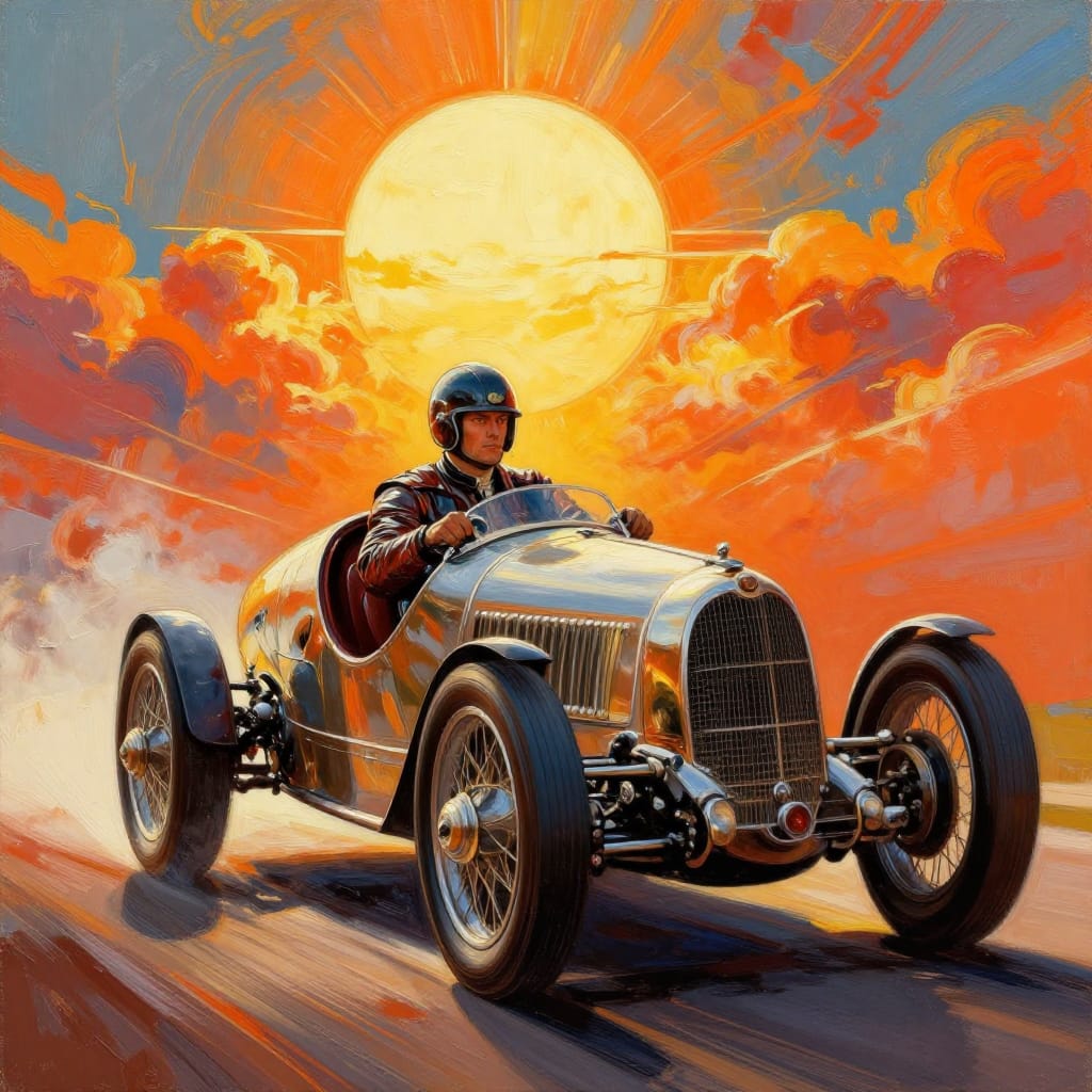 Art Deco-style illustration shows a vintage race car driver in a polished leather suit. Bold lines and dramatic sunlight highlight the car's mechanical details. Dynamic clouds and rich colors create a nostalgic, high-speed vibe with stark color contrasts.