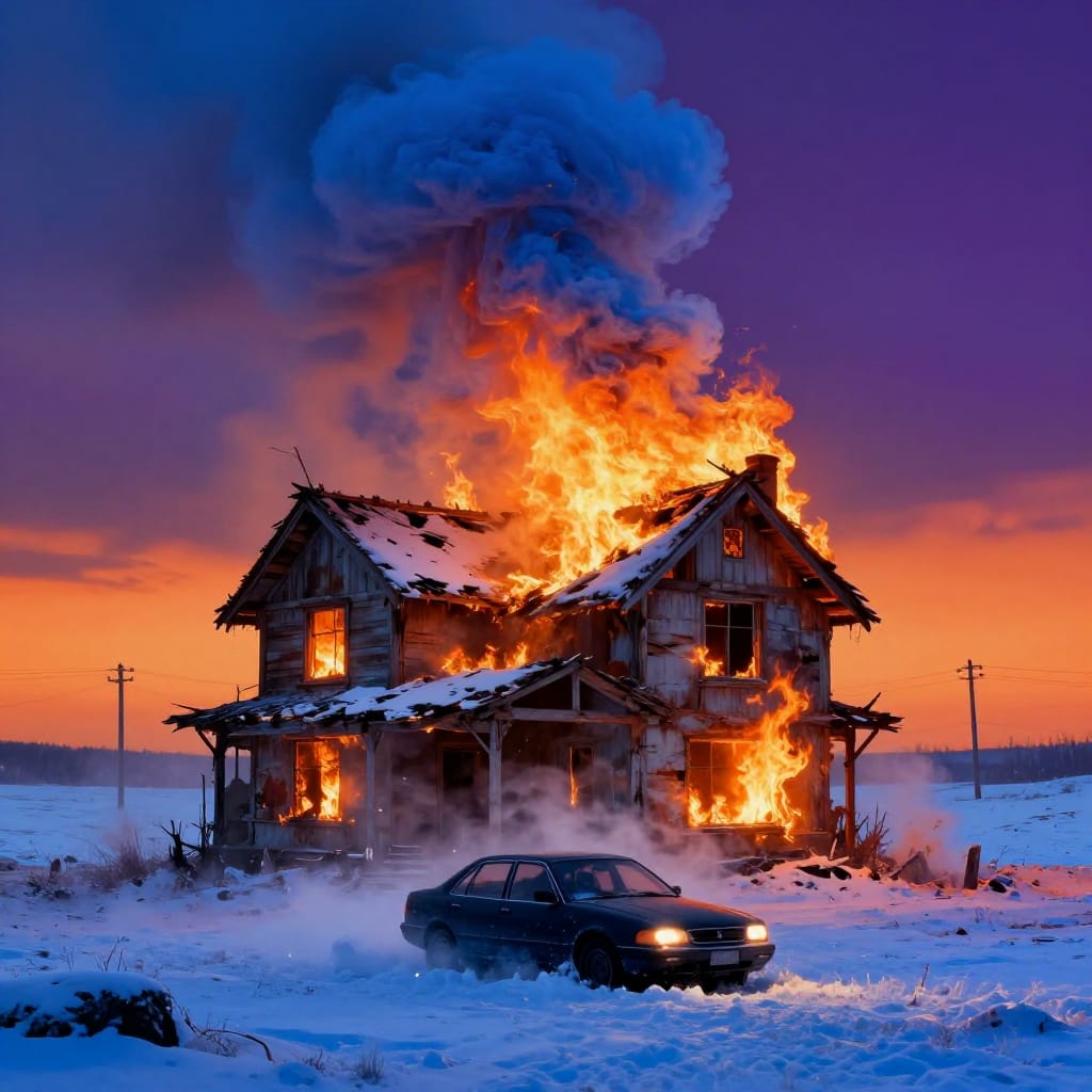 A house burns in a snowy landscape, smoke rising through firelight. A car sits near the flames, surrounded by cool snow and warm light. The scene is dramatic and surreal.