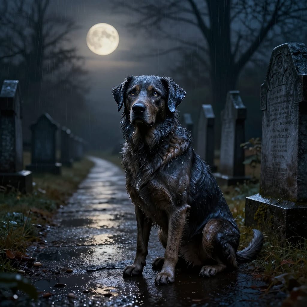 A weathered dog sits alone on a rain-slicked path under a full moon, surrounded by gravestones and shadows.