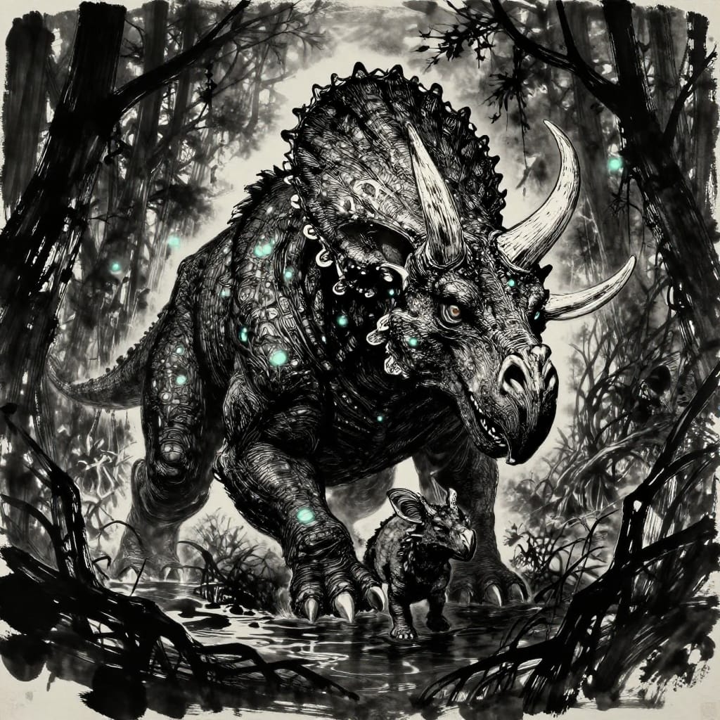A triceratops charges with horns lowered, protecting its young. Its form, defined by expressive ink strokes, shows tension and power. Set in Sundarbans mangroves at twilight, roots rise from brackish water. Bioluminescent glows pulse from its hide, creating an otherworldly atmosphere. Scratchboard technique emphasizes texture and depth.
