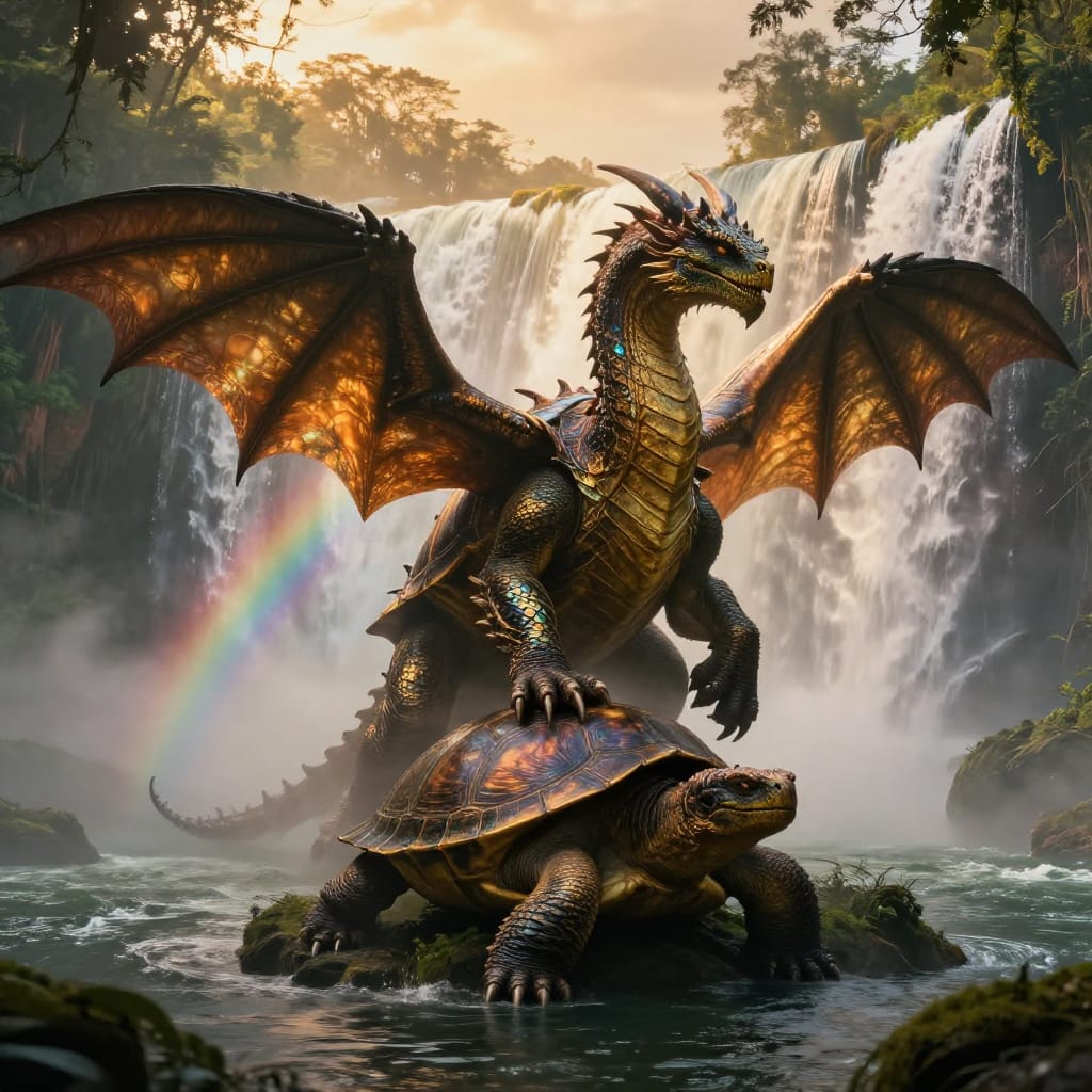 A colossal tarasque dragon emerges from the Rhone River at golden hour, standing near Victoria Falls. Its iridescent scales gleam under warm light as it shields a wounded form. The scene is alive with mist and light, capturing a moment of courage and grandeur.