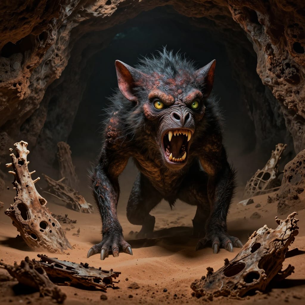A fierce Tasmanian devil snarls in deep ocean darkness, its glowing eyes and weathered hide detailed with bioluminescent highlights. The creature roars amid scattered shipwreck fragments on salt-weathered sand, casting shadows that emphasize texture and depth. The low-key lighting highlights its primal power against a desolate desert landscape.