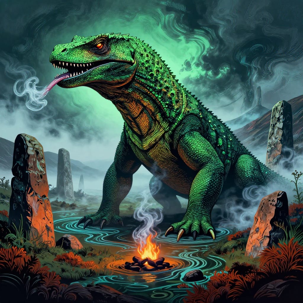 A massive Komodo dragon dominates the Highlands, its glowing eyes and flicking tongue capturing a primal moment. Ancient monoliths rise under twilight, firelight casts shadows, and mist swirls. Bold linocut lines and vivid colors create a dramatic, tactile scene of wild power.