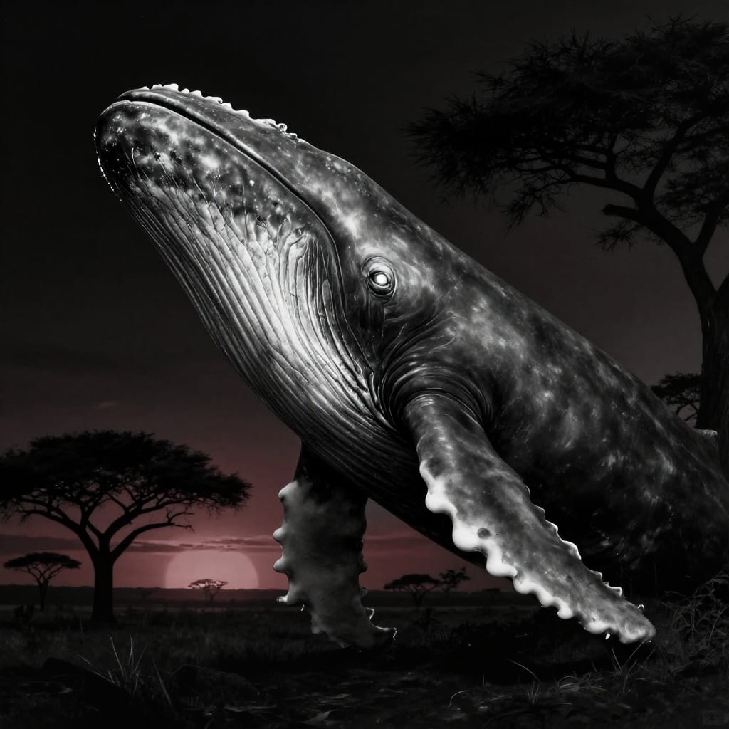 A massive sperm whale with a tiny eye and scythe-like claws stands in African savanna darkness, lit by blood-red sunset. Rendered in high-contrast monochrome with silver gelatin texture, its bioluminescent glow cuts through deep shadow, creating an epic, mysterious scene of raw power and natural drama.