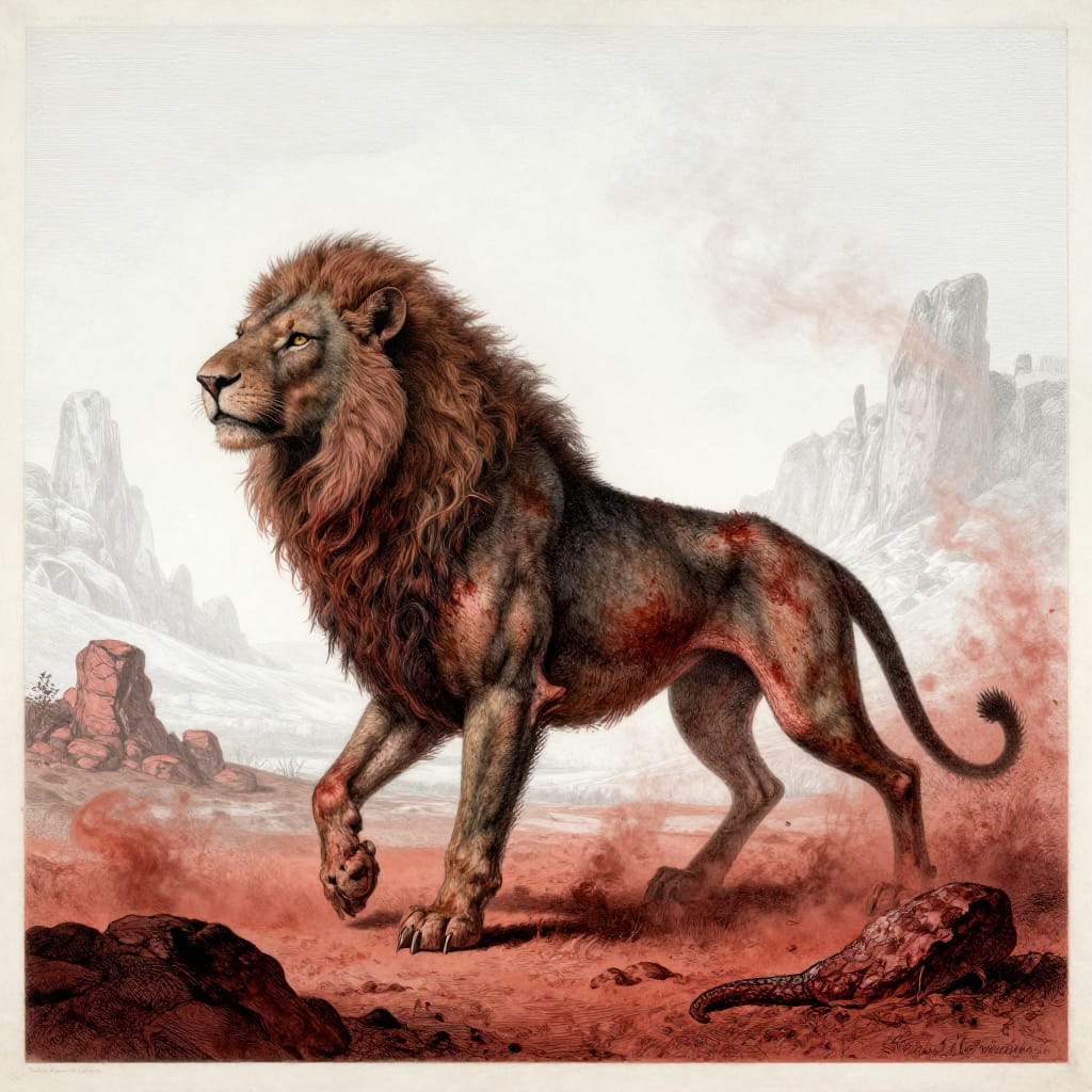 A vintage 19th-century illustration of a lion-headed chimera with goat body and snake tail. Rendered in hand-colored ink on aged paper, it shows the creature walking through a dusty outback under arctic whiteout conditions. The scene is rich with red dust and muted browns, capturing the beast’s fierce presence and weathered strength.