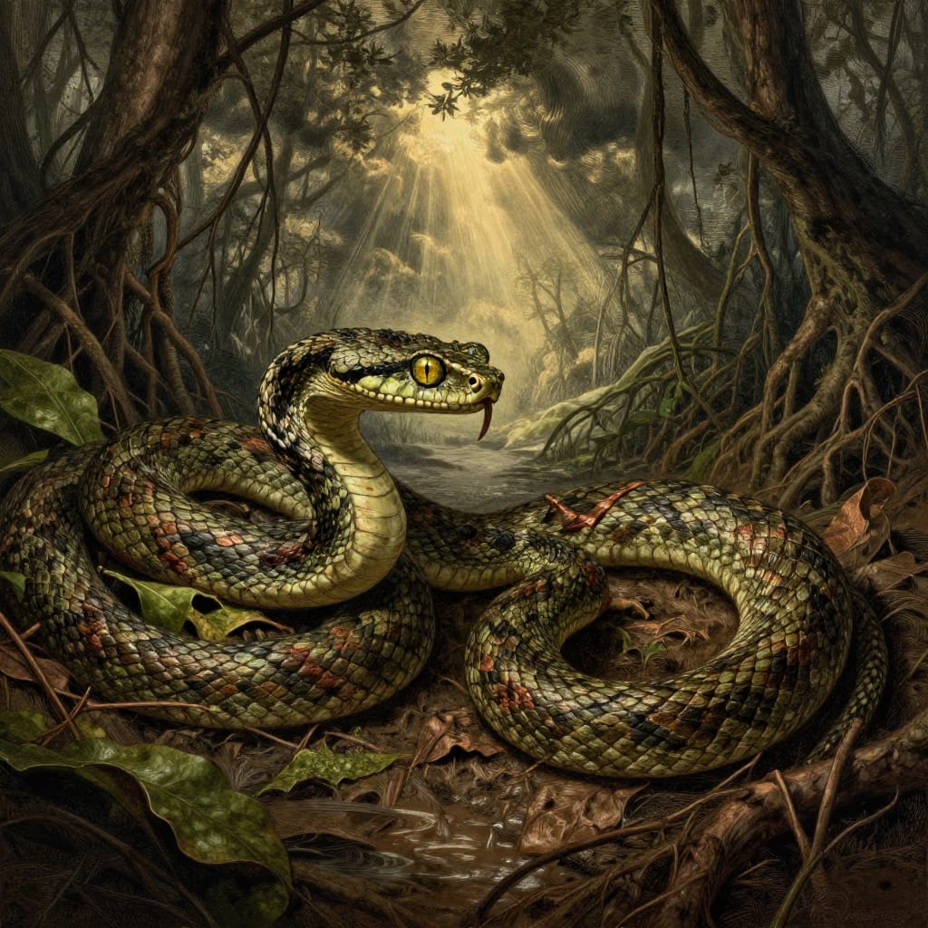 A Gaboon viper hides in decaying leaves, eyes locked with a rival snake in fierce combat. Roots rise from brackish water under stormy skies, god rays pierce through clouds. Rendered in hand-etched engravings with rich earth tones and warm highlights, the image captures nature’s raw beauty and survival.