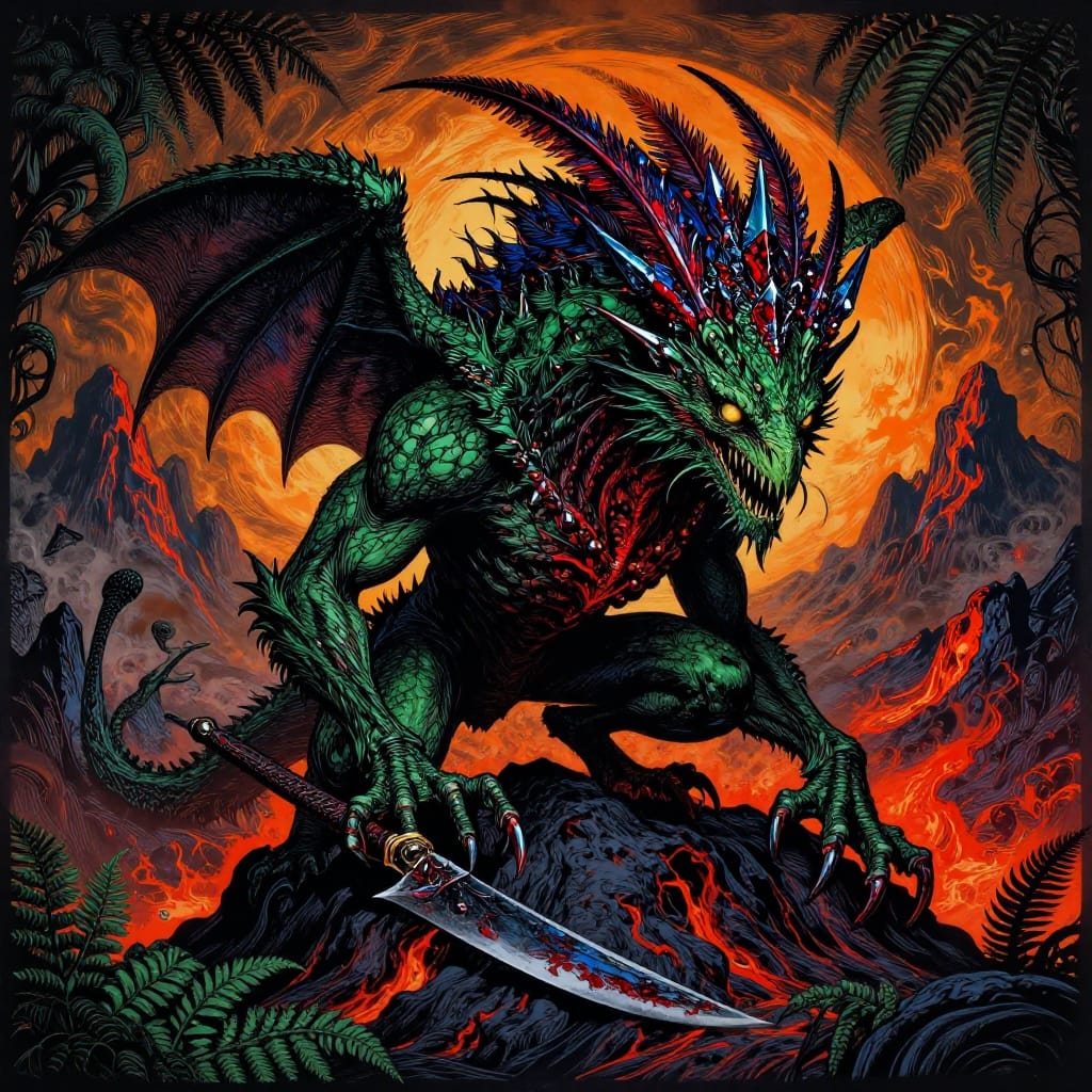 Baroque basilisk dominates a volcanic peak, its golden eyes and obsidian crown glinting in ash-laden air. Giant ferns sway around it, while a limited color palette of emerald, ruby red, sapphire blue, and molten gold enhances its baroque grandeur. The linocut texture adds graphic precision to this dramatic, dynamic wildlife painting.