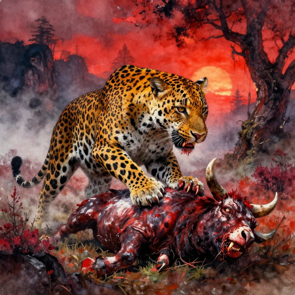 An expressive watercolor depicts a leopard dragging a kill in misty Highlands. Bold brushstrokes show vivid teeth and claws. Warm sunset light blends with watercolor textures, capturing raw energy and emotion in a dramatic, lifelike scene.