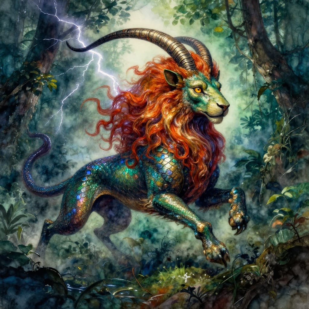 A majestic chimera with lion head, goat body, and serpent tail stands in a misty Amazon, lit by dramatic spotlight. Its mane flows like amber, scales shimmer, and iridescent horns curve into the fog. Rich jewel tones blend into smooth watercolor washes, creating vivid depth and lifelike texture. The scene captures raw power and mystery.