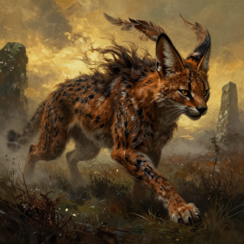 A serval with massive ears pounces through misty heather in the Scottish Highlands. Its claws extend as it guards its young from unseen prey. The scene is dramatic, lit by golden amber twilight, with thick brushwork showing fur texture and stone monoliths in the distance.
