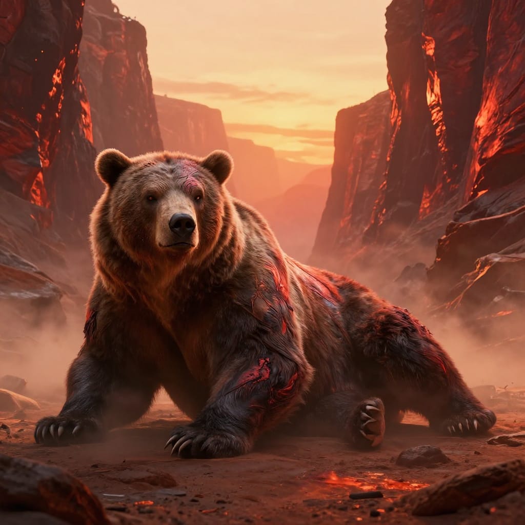 A grizzly bear lounges in a desert canyon at sunset. Matted fur, scarred muzzle, and glowing red walls. Soft misty light bathes the scene. Realistic fur and skin details. Intense stare challenges the viewer.