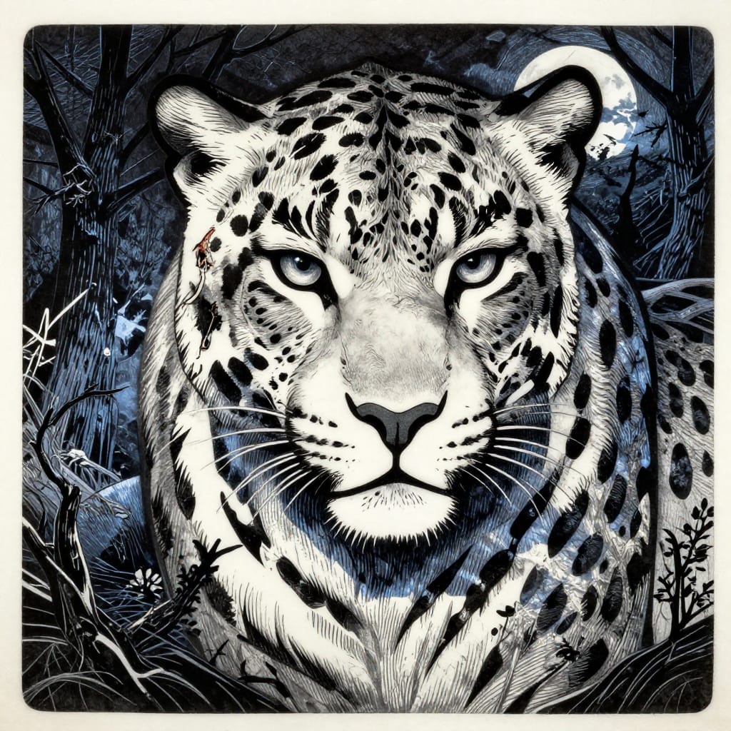 A woodcut-style leopard close-up shows fierce eyes, scars, and weathered fur. Moonlight glints on its body, casting blue shadows. Fallen trees behind hint at nature’s resilience. Bold lines and pale paper create a powerful, timeless look.