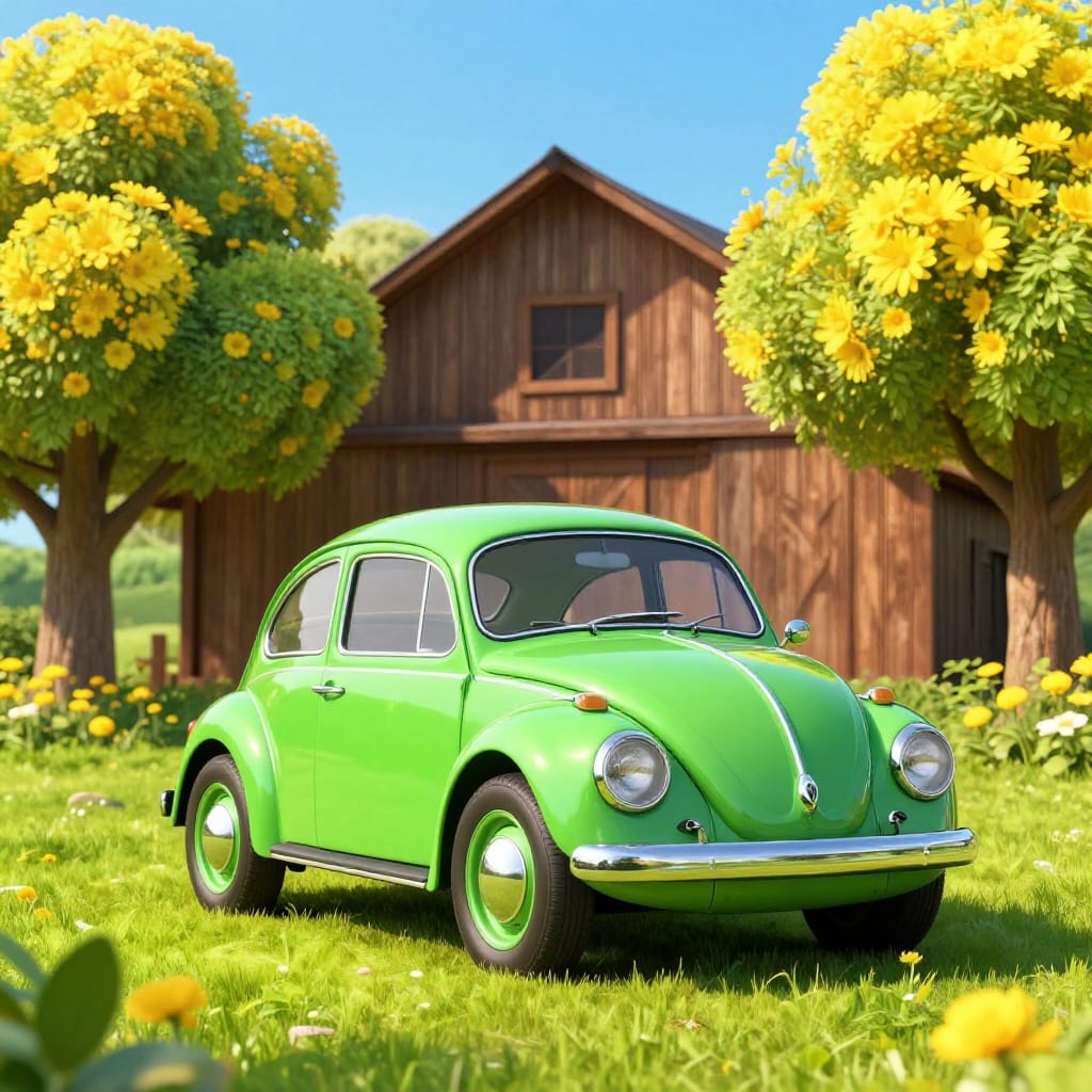 Vibrant green VW Beetle with iridescent shine sits on a sunny lawn in front of a wooden barn. Exaggerated trees with yellow flowers frame the scene under clear blue skies.