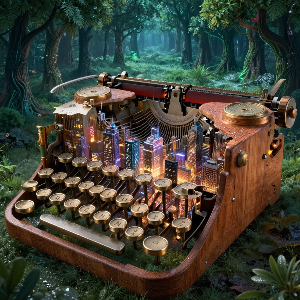 Vintage typewriter missing keys, each slot reveals a cityscape of skyscrapers, neon lights, and traffic. Floating city inside wooden frame. Nighttime forest of moving trees with glowing roots. Photorealistic details using Unreal Engine 5. Warm city tones blend with cool forest hues. Surreal mix of tech and nature in dramatic lighting.