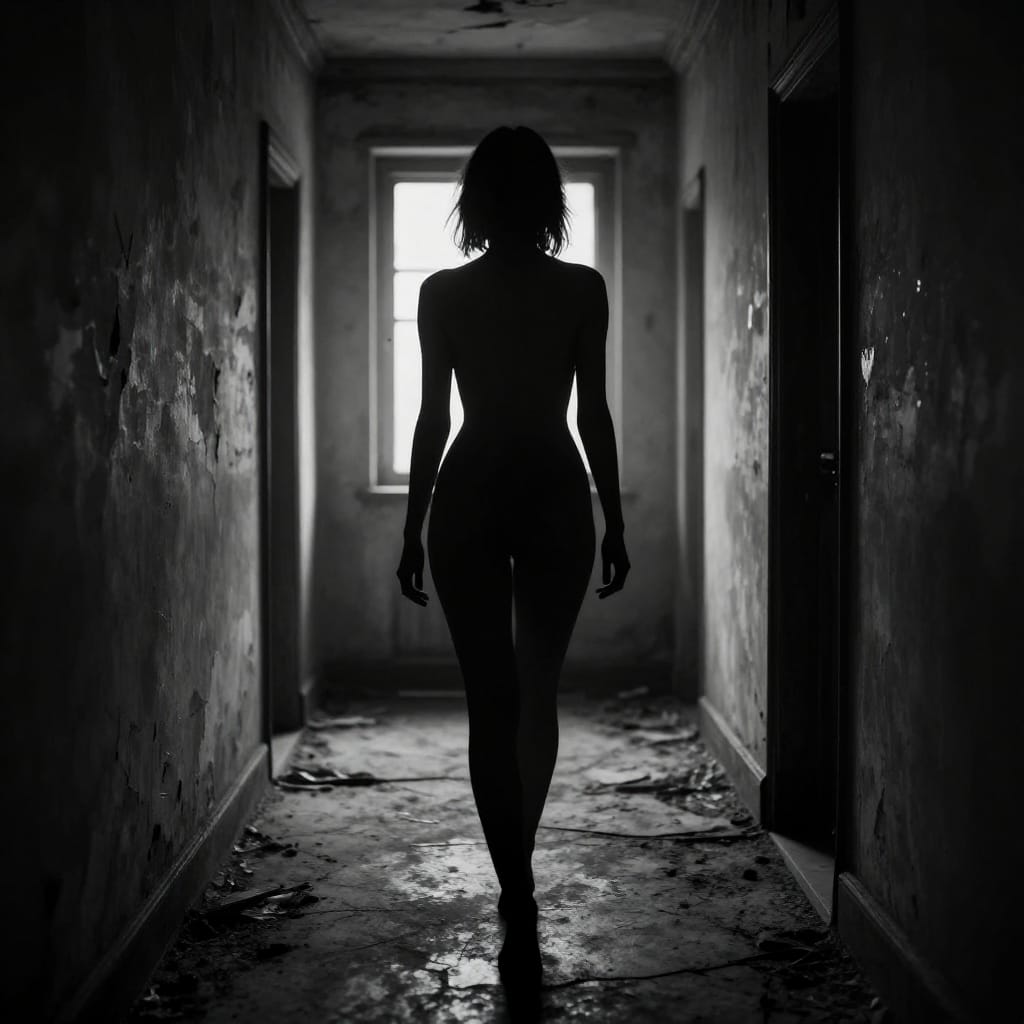 A shadowy woman walks through a dusty, empty hallway. Backlighting creates sharp shadows and bright highlights. Peeling walls and cracked floors add to the eerie feel. The mood is mysterious and haunting, with a strong focus on her figure against the gloomy setting.