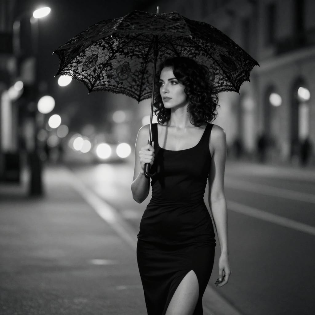 Woman in black dress stands on city street at night. Black lace parasol glows under streetlights. Blurred buildings and lights add moody atmosphere. Monochrome tones highlight textures. Timeless, elegant, quiet night scene.