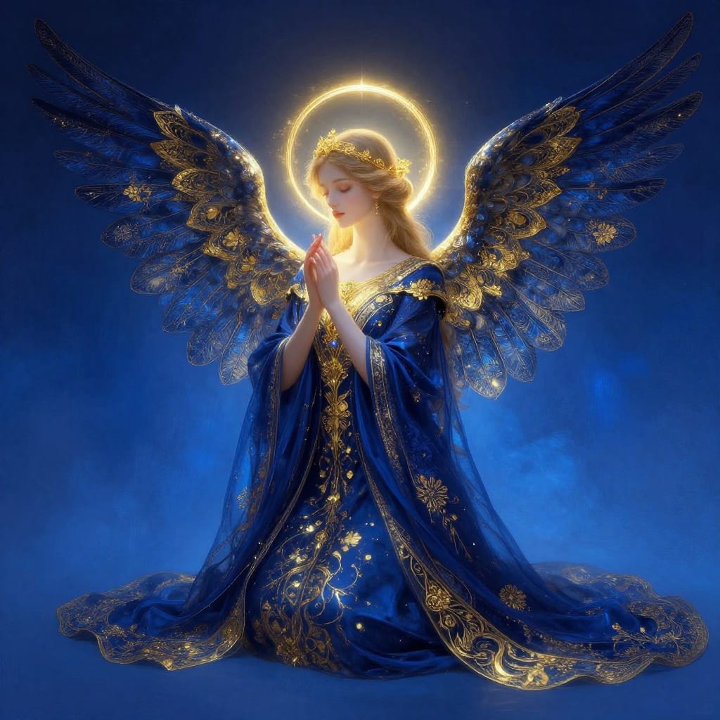 A glowing angel kneels in reverence, dressed in dark blue and gold with floral patterns. Her wings shimmer with golden accents. A golden halo surrounds her. The background blends midnight blue to cerulean, creating a mystical, serene scene.