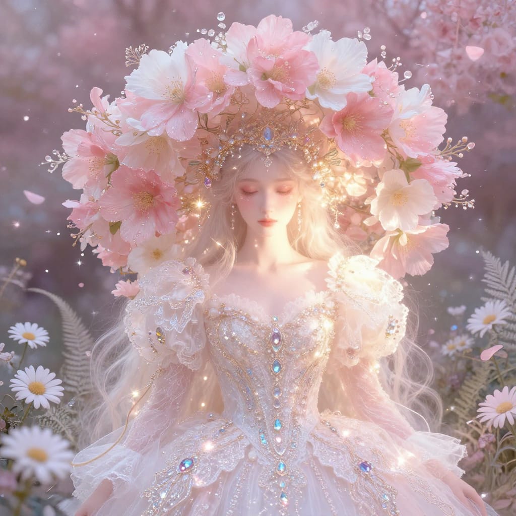 A glowing person in a shimmering gown and flower crown stands in a soft, dreamy field of blooming flowers. Soft light highlights the sparkling details, creating a magical, romantic scene.