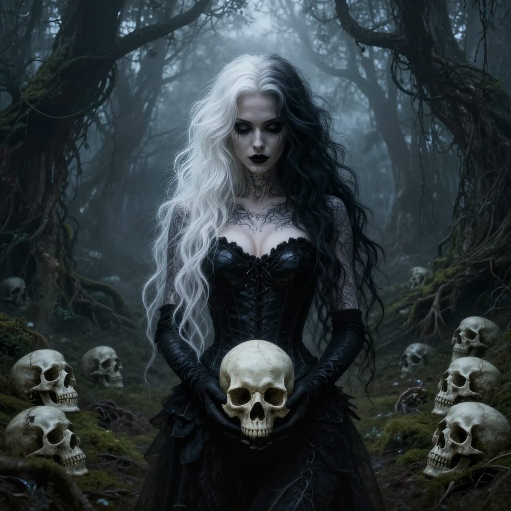 A woman with white and dark hair stands in a foggy forest. She wears black leather, holds a skull, and others lie in the moss. Dark, eerie, with eerie beauty and macabre elements.