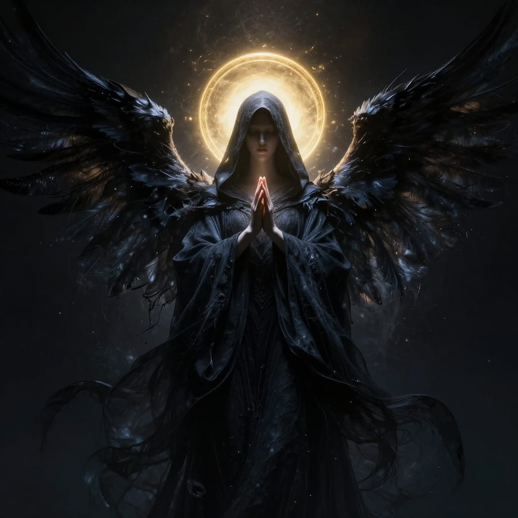 A mysterious figure in a dark, velvety background wears a flowing obsidian robe and golden wings. A glowing halo surrounds their head, casting dramatic shadows. Hands are raised in prayer, blending light and shadow for a mystical, awe-inspiring look.