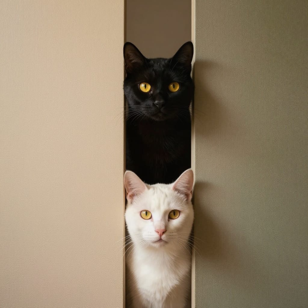 Two cats peer through a narrow gap between textured panels. Black cat above, white below, both with bright yellow eyes. Soft light highlights their faces and the gap’s depth. Earthy tones and calm vibes show their curious connection.