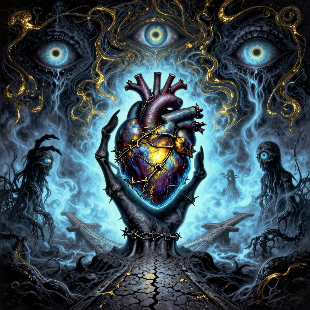 Skeletal hand grabs a beating heart in barbed wire at a crossroads. Swirling obsidian and gold patterns, glowing eyes, and moving shadows create eerie vibes. Vintage print with gold leaf adds texture.