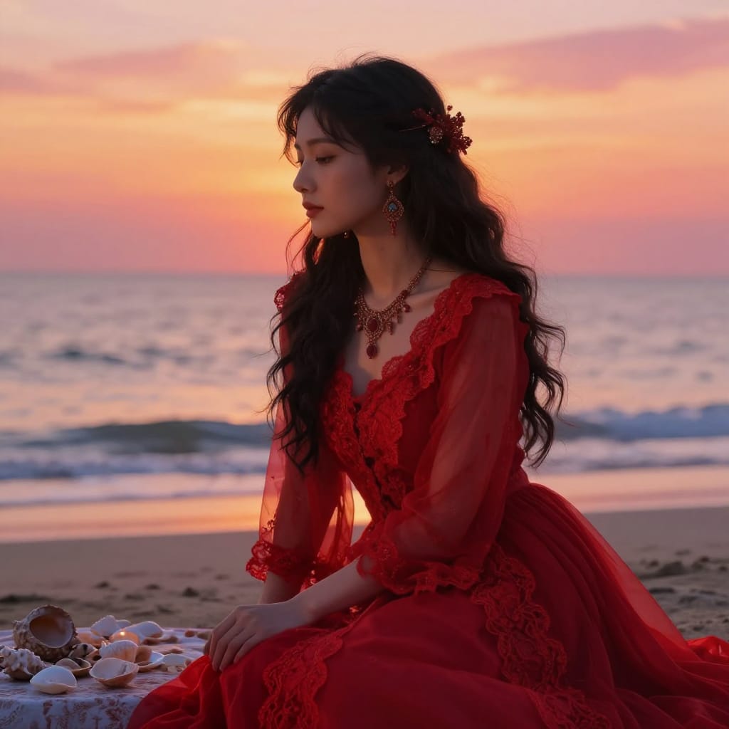 A woman in a red lace gown sits on a sunlit beach at sunset, hand on knee, exuding calm. Seashells nearby, warm hues of orange and pink in the sky. Soft light adds a dreamy, romantic feel.