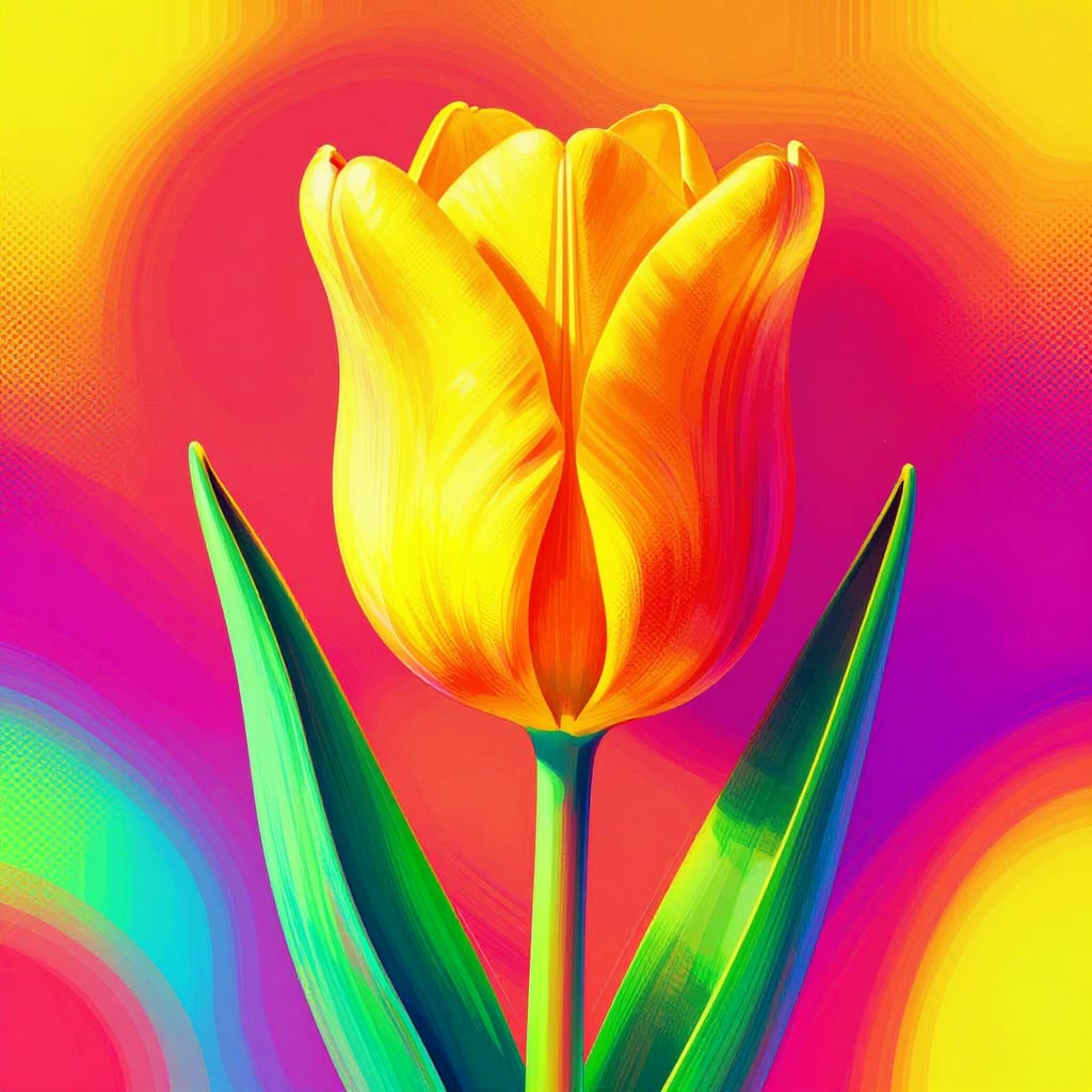 A pop art tulip in bold colors has smooth yellow/orange gradients with green and red accents. Dotted patterns add geometric flair. Side lighting highlights one side, deepening shadows. Vibrant palette feels energetic and modern.