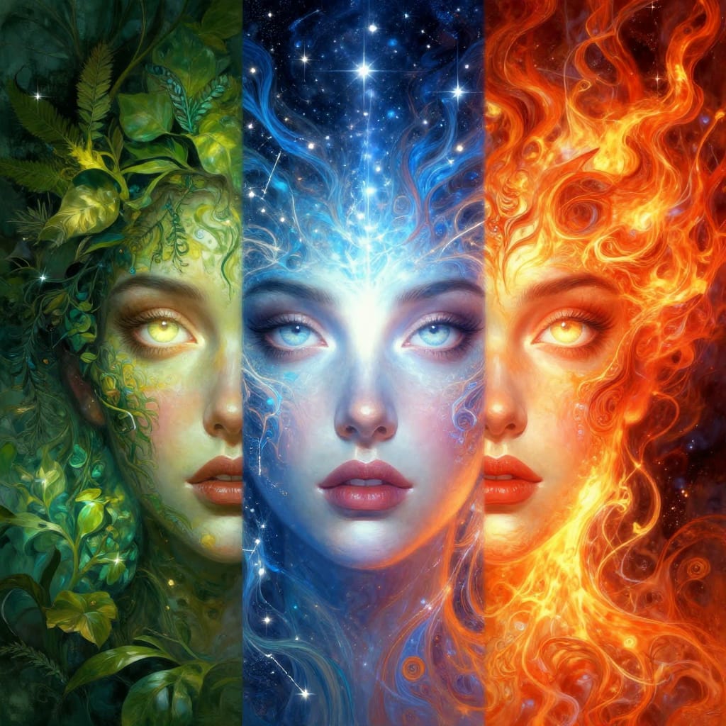 A woman's face split into three parts: nature, stars, tech. Each section has glowing eyes and unique colors. Detailed patterns blend smoothly. Fantasy style with vivid lighting. Feels mystical, showing unity of earth, sky, and machines.