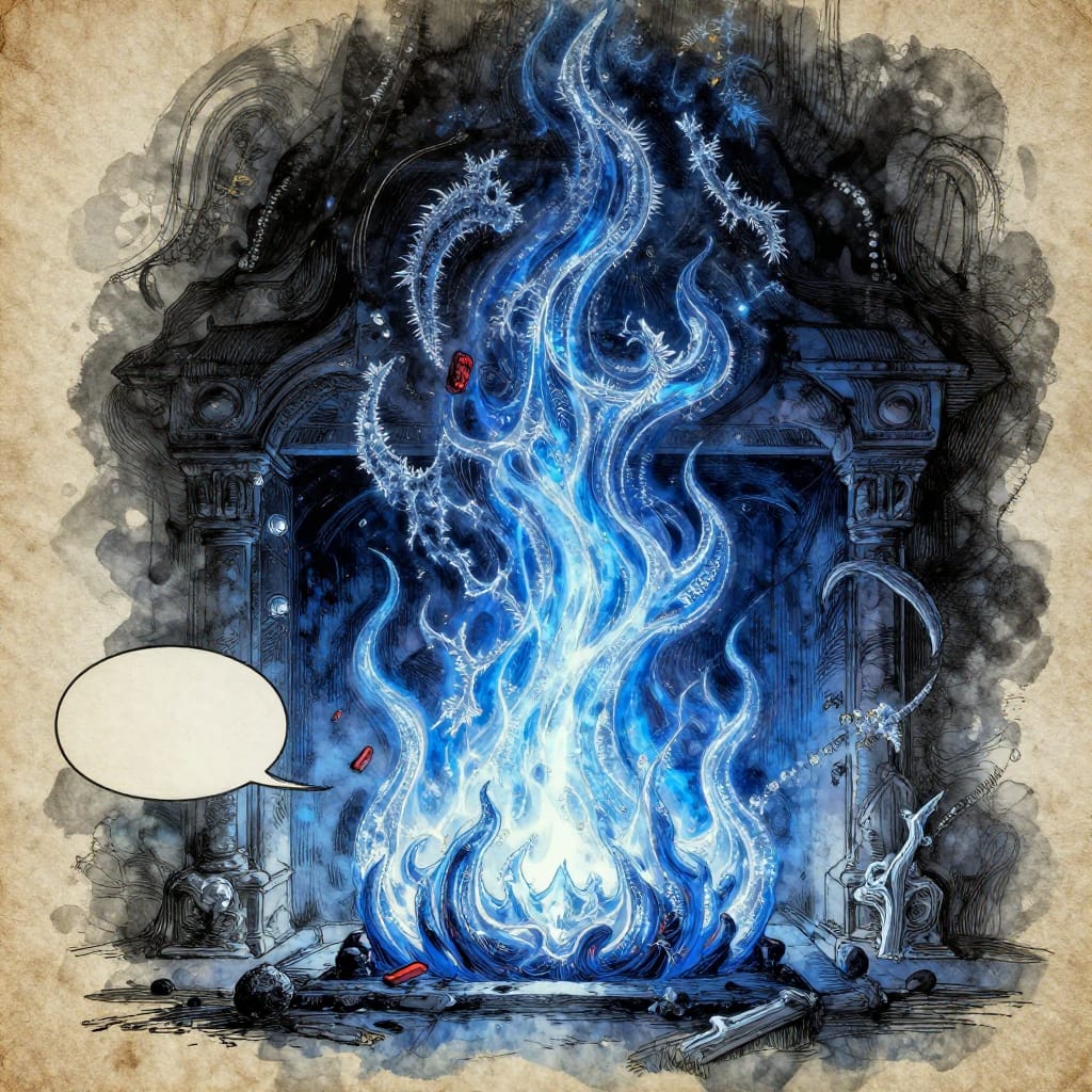 A surreal comic panel on textured paper shows a frozen blue fireplace with icy frost. Bold ink and digital layers highlight cold flames in cobalt and silver, crystalline objects glisten. Simple speech bubble adds to the dreamy, otherworldly vibe.