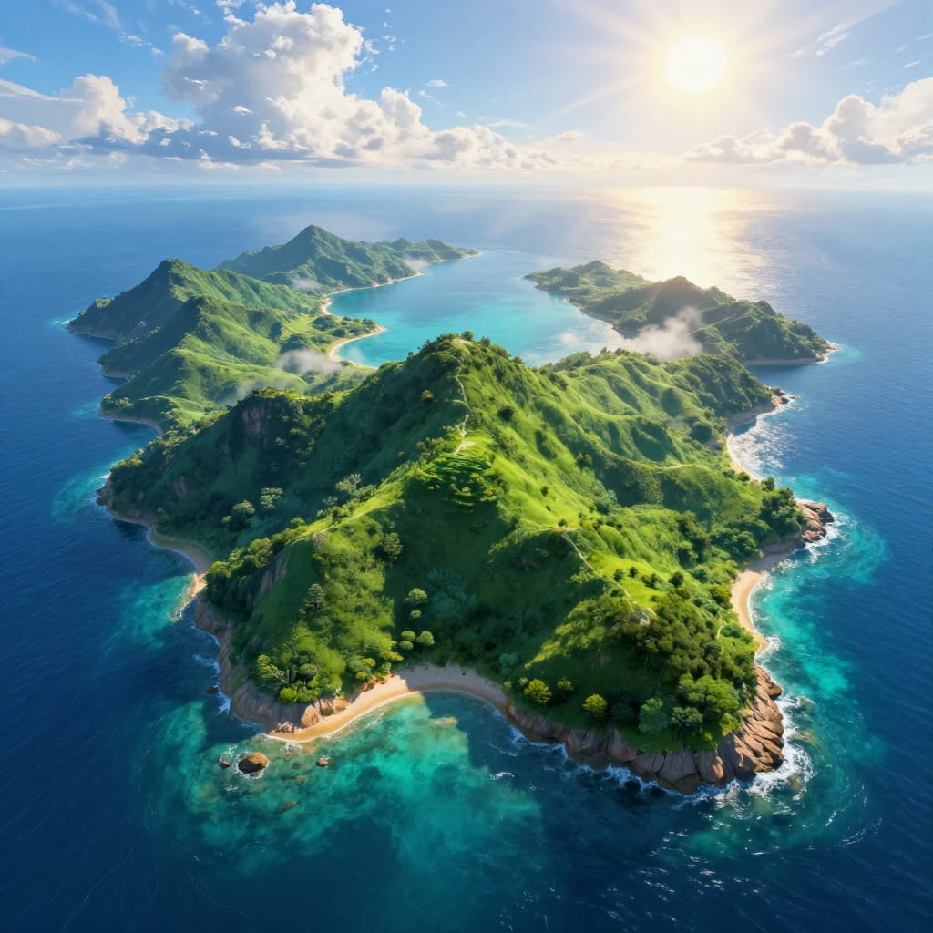 Aerial view of lush green mountain islands in the ocean. Bright sun casts shadows on hills and water. Turquoise sea meets sky. Detailed textures show grass, trees, sand. Peaceful, vivid scene with soft clouds and vibrant colors.
