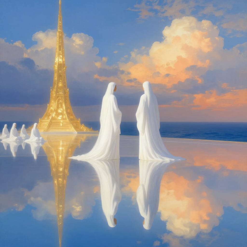 Two people in white stand on a glassy surface reflecting the sky and clouds. A golden structure stands over a vast ocean as soft light bathes the scene. Smaller figures sit nearby, adding depth. Warm colors and calm vibes create a peaceful, symbolic moment.