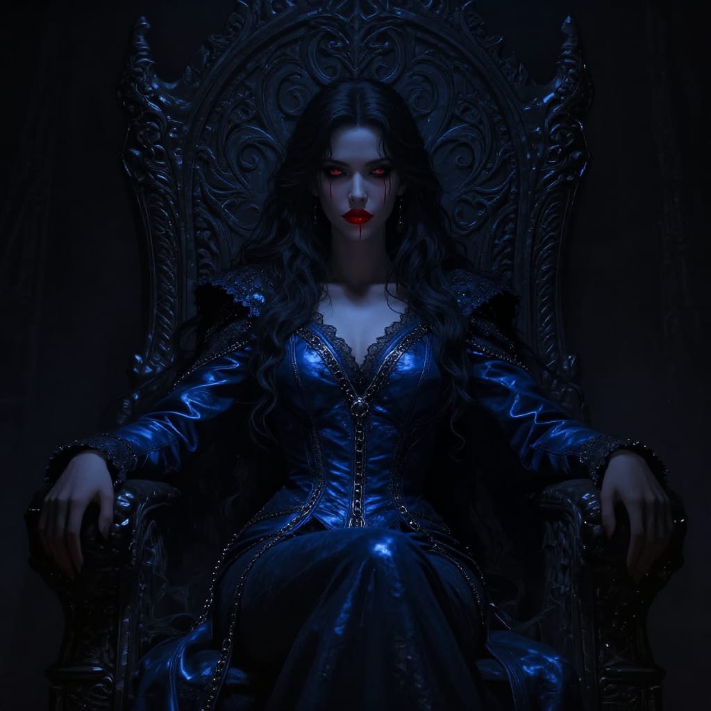 Regal woman in dark fantasy scene wears blue leather jacket with chains and lace. Ornate throne has obsidian carvings. Soft light highlights her hair and jacket. Vivid crimson accent adds contrast. Haunting elegance, quiet power.