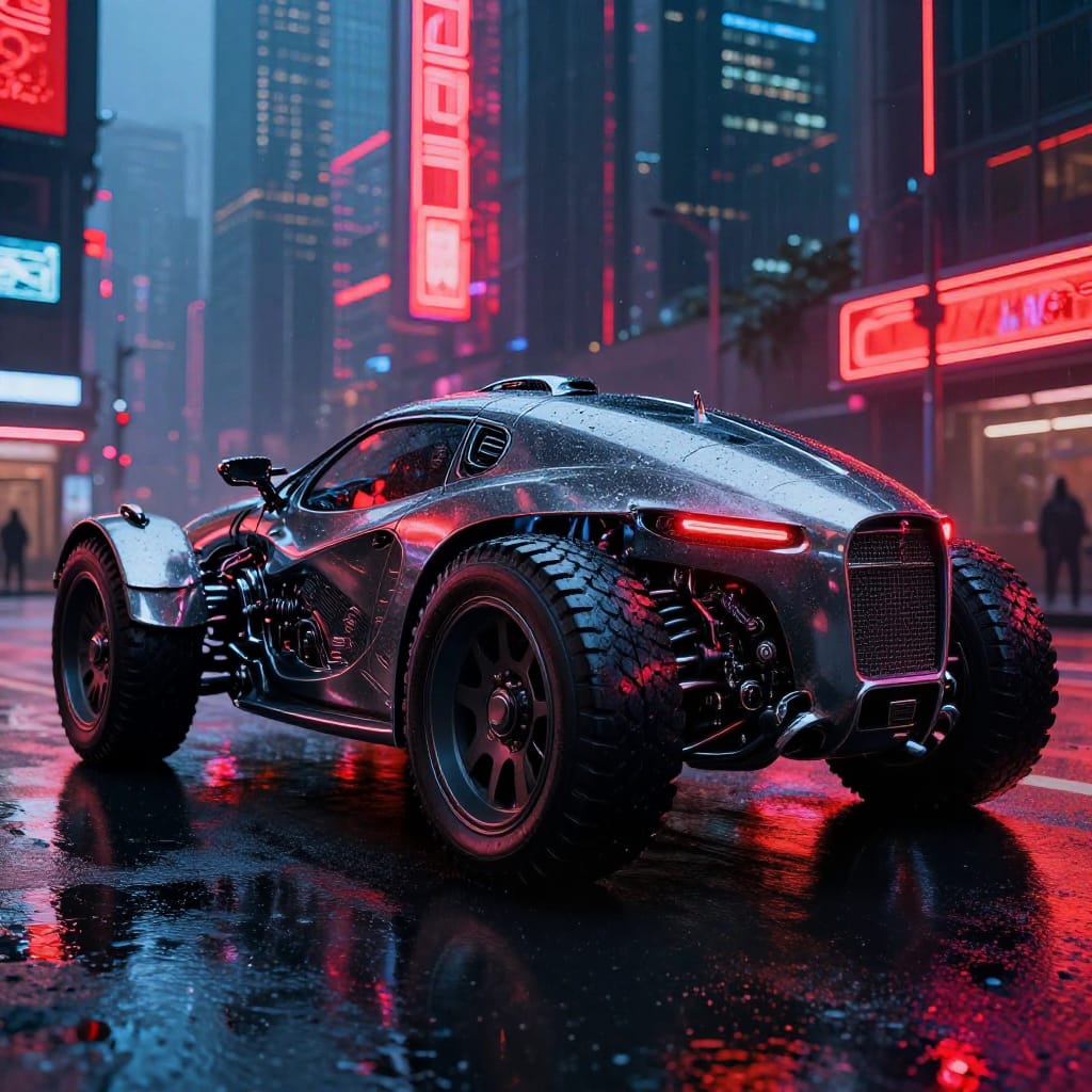 A sleek dark trike dominates a rain-slicked urban street, its chrome body reflecting neon lights. Tall skyscrapers and glowing signs frame the scene, with detailed engine parts and wet pavement adding texture. The atmosphere is gritty and electric, blending advanced tech with city decay under neon glow.