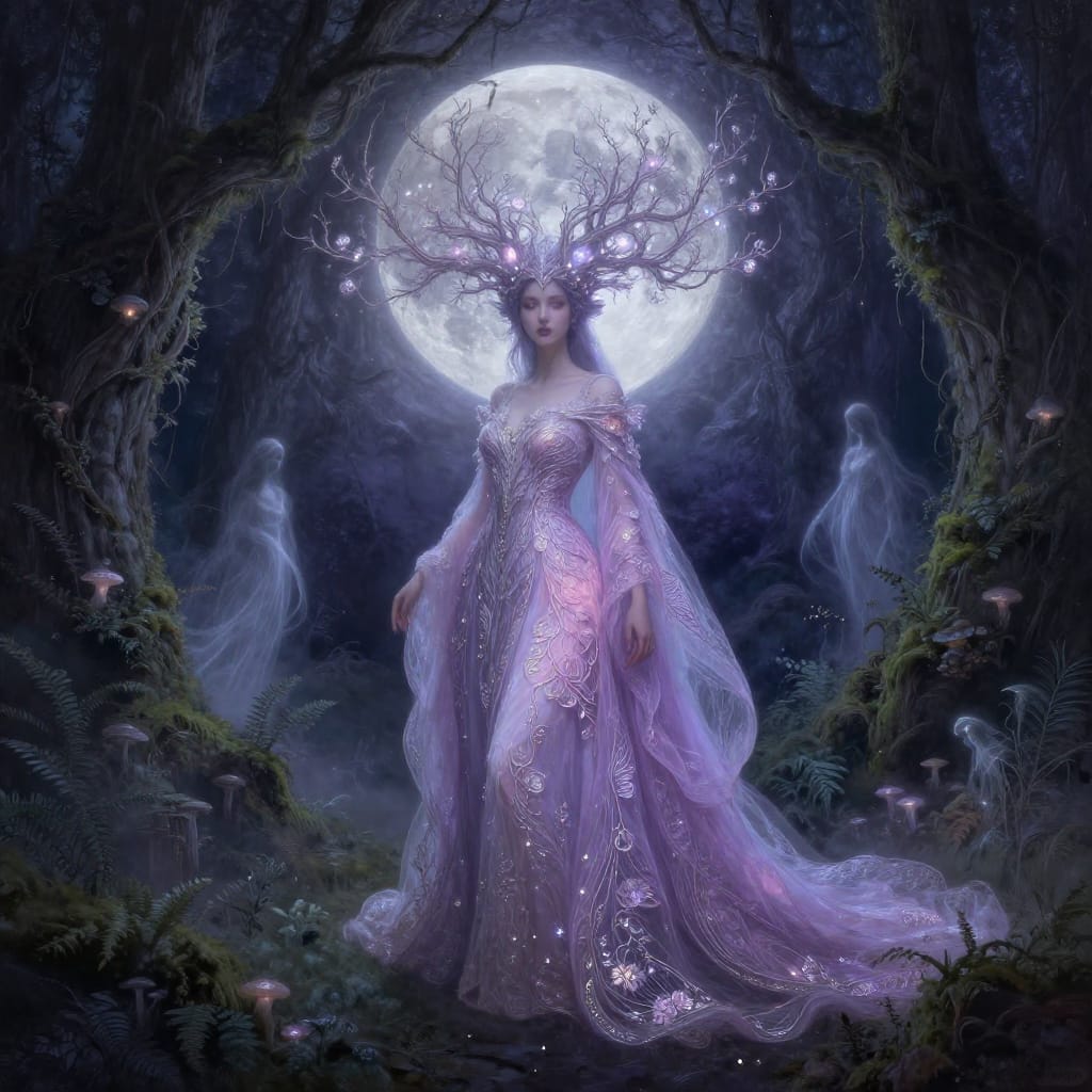 A mystical woman in a lavender and silver gown stands in a moonlit forest. Her glowing crown has bioluminescent flowers. Ancient ruins and ghostly figures surround her. Soft light casts gentle shadows, creating a magical, dreamy scene.