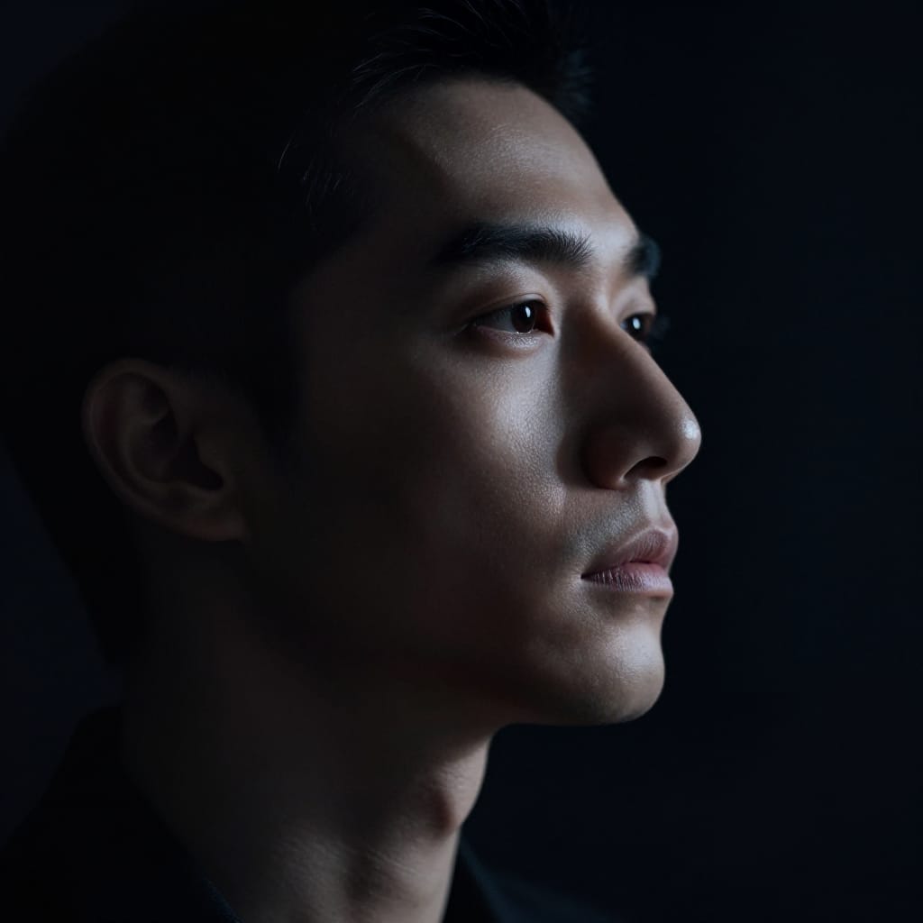 Soft light on right side casts sharp shadows. Highlights jaw and eyes. Calm, thoughtful look. Balanced composition. Cool tones. Quiet, reflective mood.