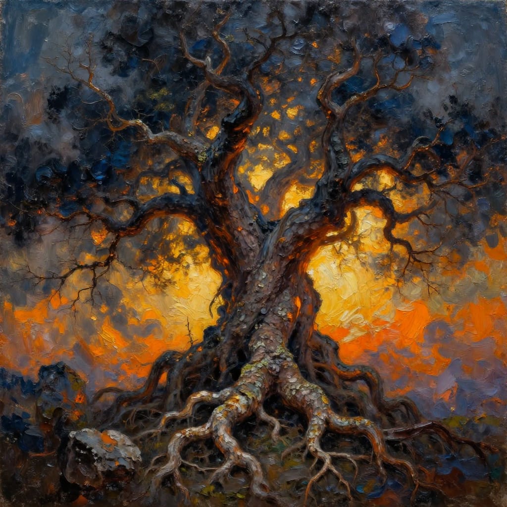 Large oil painting with thick paint strokes shows a twisted tree with rough bark and lichen. Roots and rocks fill the foreground. Sky has dark clouds turning to orange sunset. Light highlights tree details, creating deep shadows and warm glows. Feels ancient and strong.
