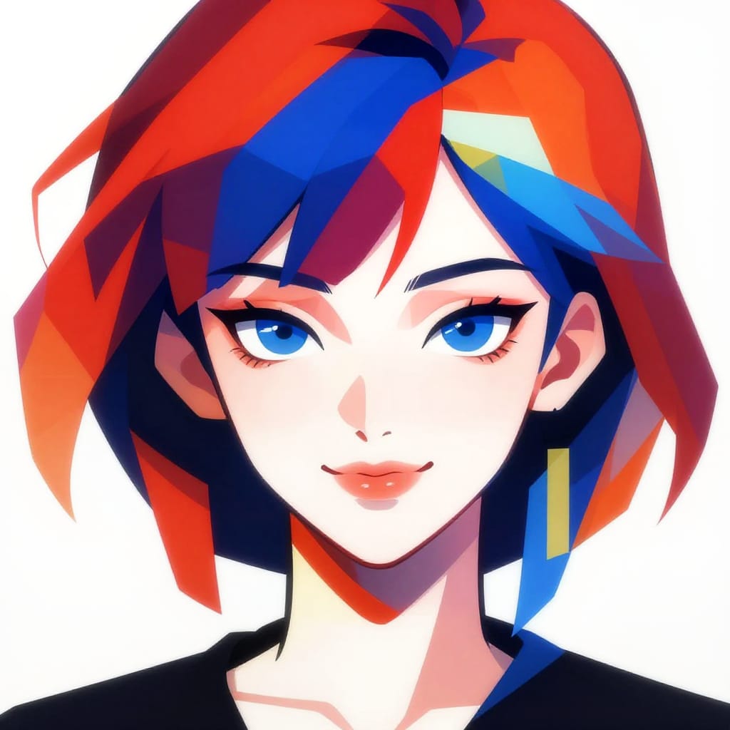 A stylized female figure with bold red, blue, and orange geometric hair frames her face. Large expressive eyes and a playful smile are central. Clean lines, flat colors, no gradients or shadows. Vibrant primary and secondary hues create a modern, energetic, dynamic look.