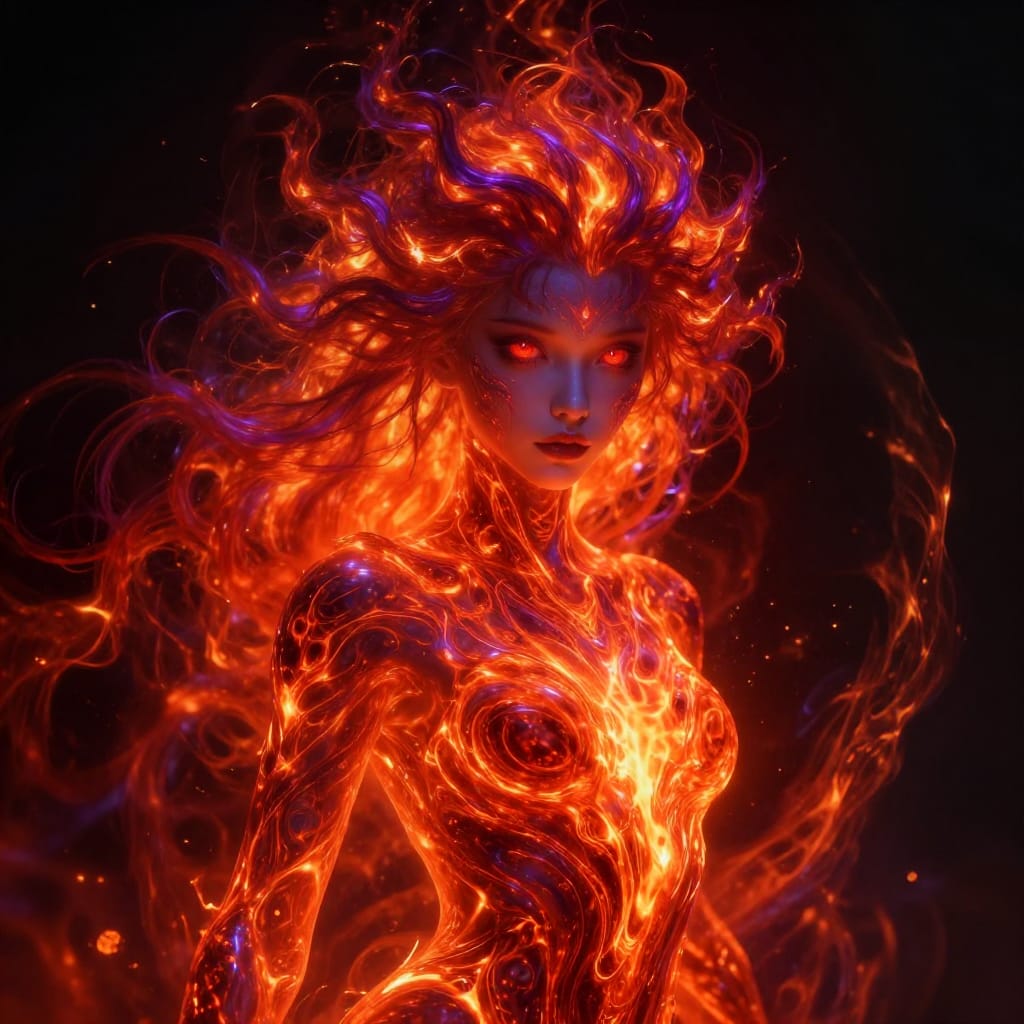 A young girl with fiery orange, red, and purple hair glows like lava. Her skin shines with inner fire, matching molten rock patterns. Deep crimson eyes glow intensely. She stands against a black void, creating strong contrast. Warm light surrounds her, with detailed shadows and rich colors. The image feels powerful and mysterious.