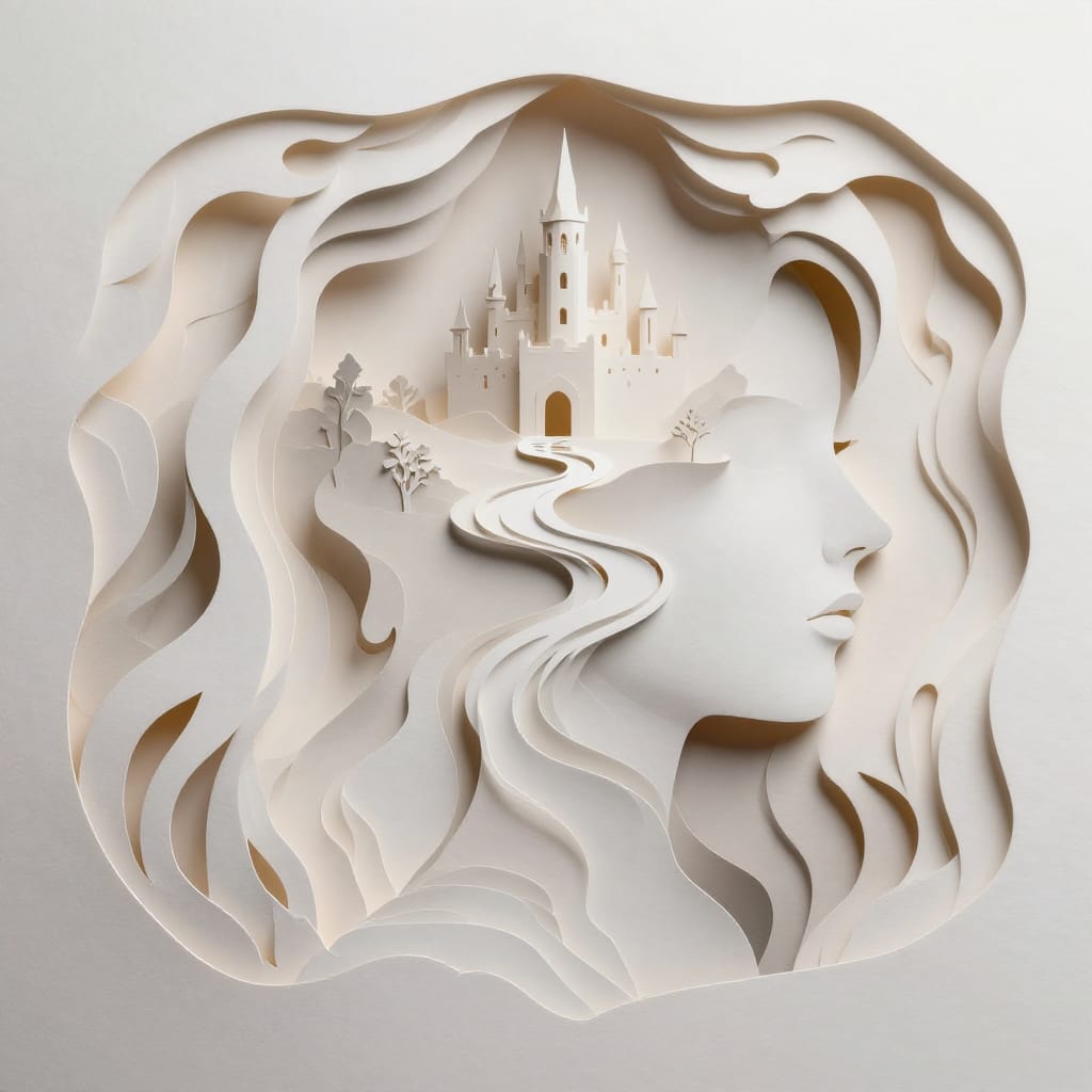 A woman’s head flows into a river leading to a castle. Paper cutouts with soft light and warm tones. Crisp textures, smooth lines, and muted colors create a calm, dreamy feel. Harmony between nature and architecture.