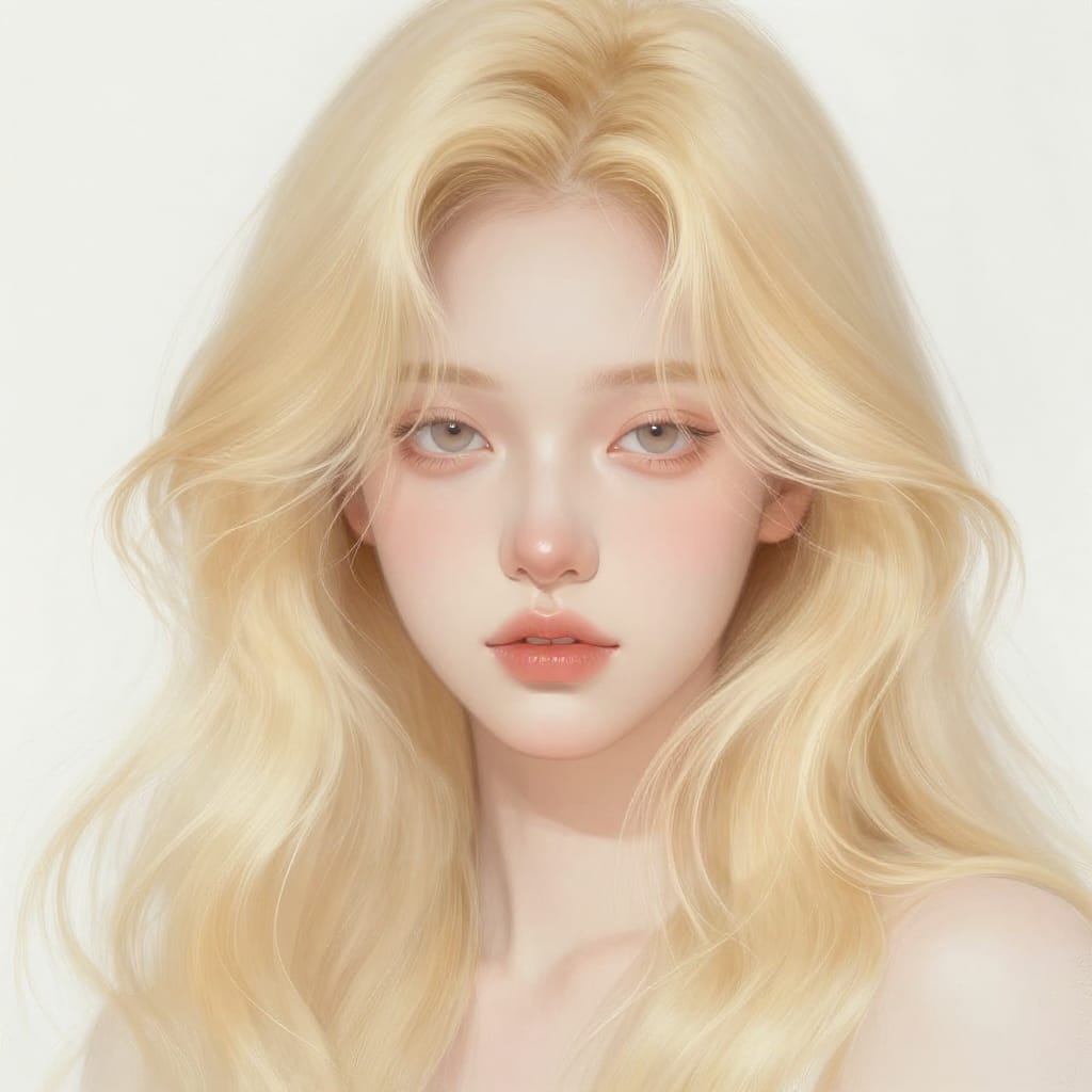 Close-up of someone with long, wavy blonde hair flowing down their face. Soft lighting highlights each strand, blending with white background. Smooth texture and gentle glow create calm, elegant feel.