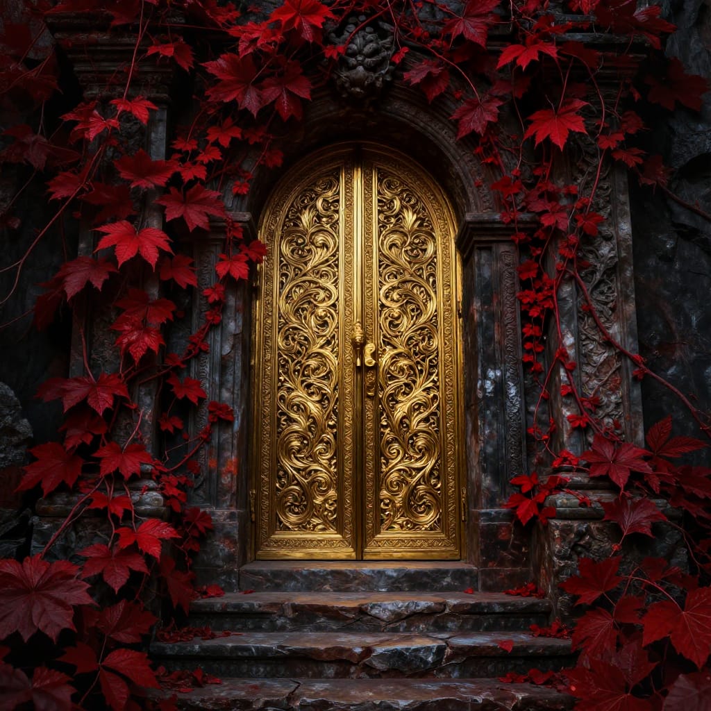 A grand gold-leafed doorway on dark stone with swirling carvings. Vibrant red leaves and vines cascade down, contrasting with weathered stone steps. Dramatic lighting casts deep shadows, highlighting textures. Mystical, ancient atmosphere invites exploration.