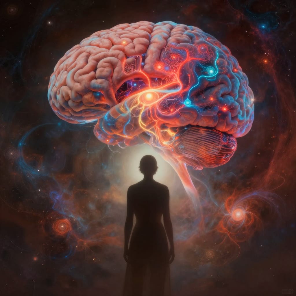 Person faces glowing brain in space. Neural networks pulse in vivid colors. Cosmic dust swirls. Soft light highlights figure. Scene blends mystery and awe, showing human thought against the universe.