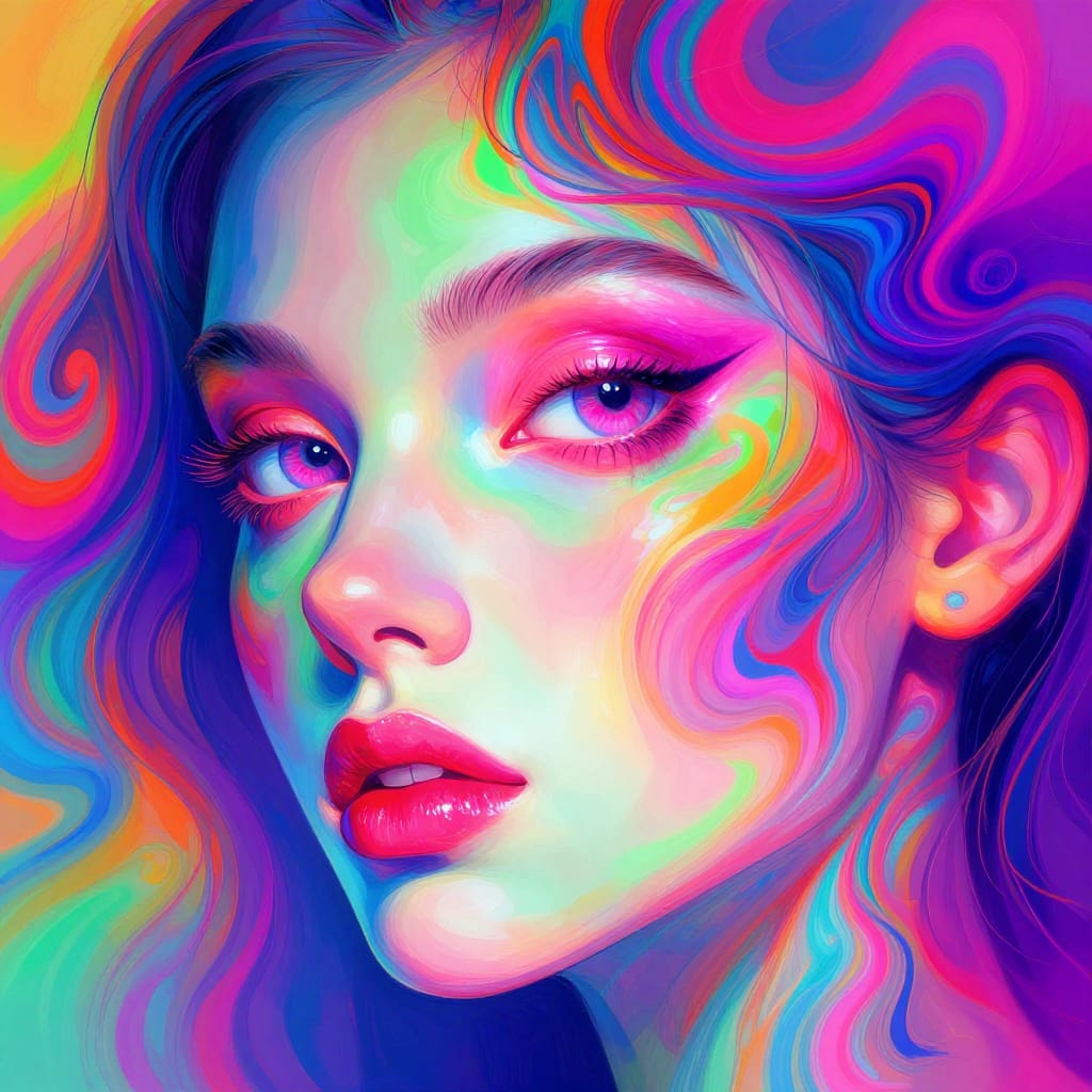 A woman's face in wild, colorful style. Big eyes with swirling pink/purple irises, glowing lips, bold lines melting into patterns. Tilted angle adds motion. Mix of sharp strokes and soft gradients. Vibrant colors create energy and dreamy vibes.