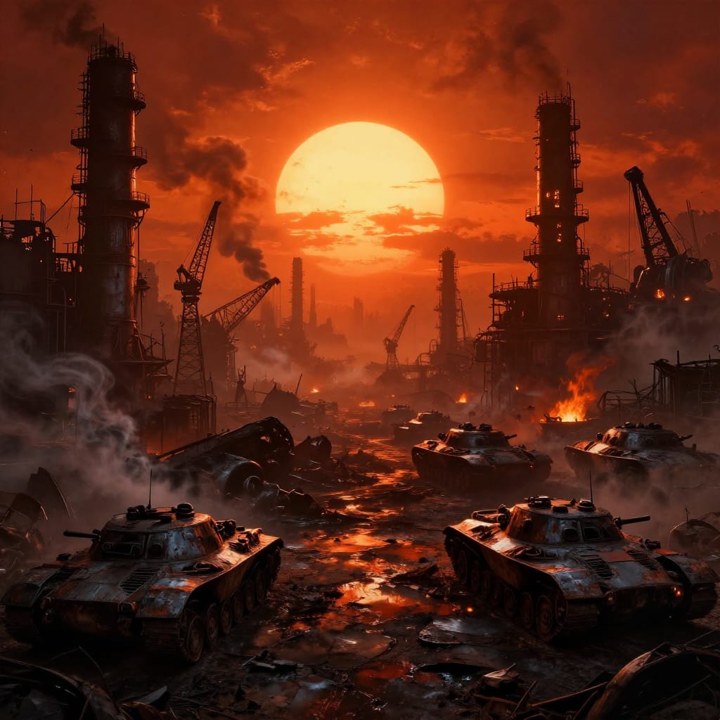 A post-apocalyptic city under a blazing orange sun, its factories and tanks scattered across cracked terrain. Jagged shadows stretch across ruins where smoke curls upward, bathed in warm, fiery light against a hazy horizon. The scene is silent, desolate, and gritty with realism.