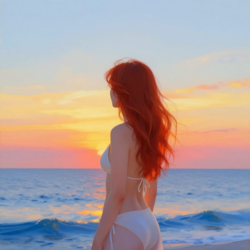 Woman with red hair stands at sunset ocean. Warm sunset colors blend with ocean blues. Soft light creates peaceful, romantic vibe. Back turned, facing vibrant horizon.